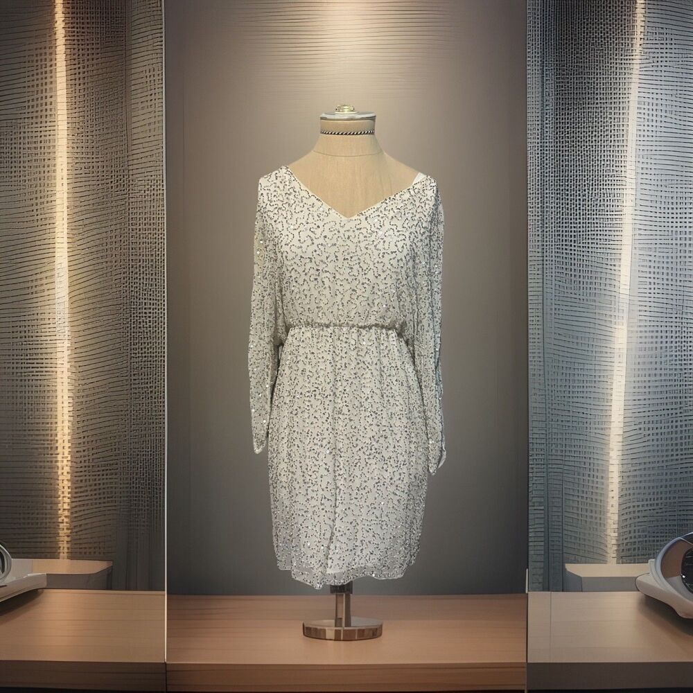 Alice + Olivia Draped Silk Cream Ivory Sequined Glam Sparkle Dress S